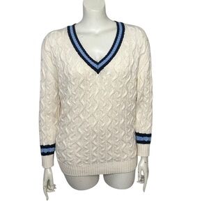 American Eagle Cable Knit Sweater Oversized Medium Cream Blue Fits Like Large/XL
